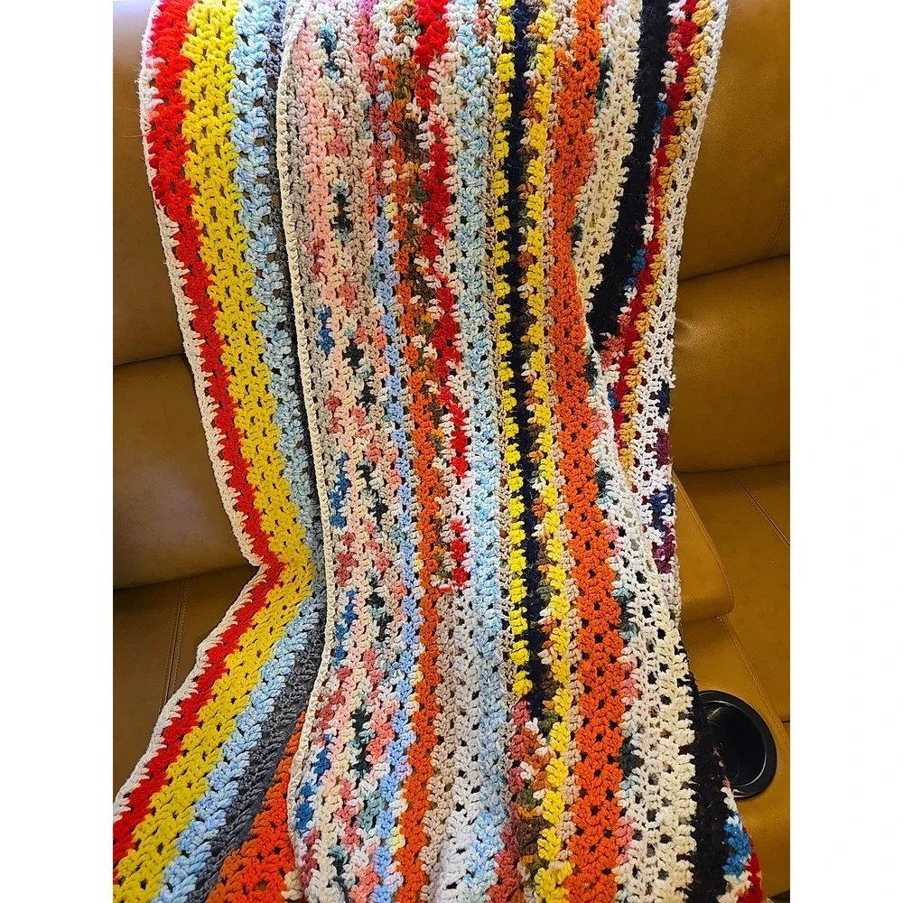 Vtg Crochet Blanket Throw Handmade Granny Stripe Multicolor Boho 56x47 Afghan